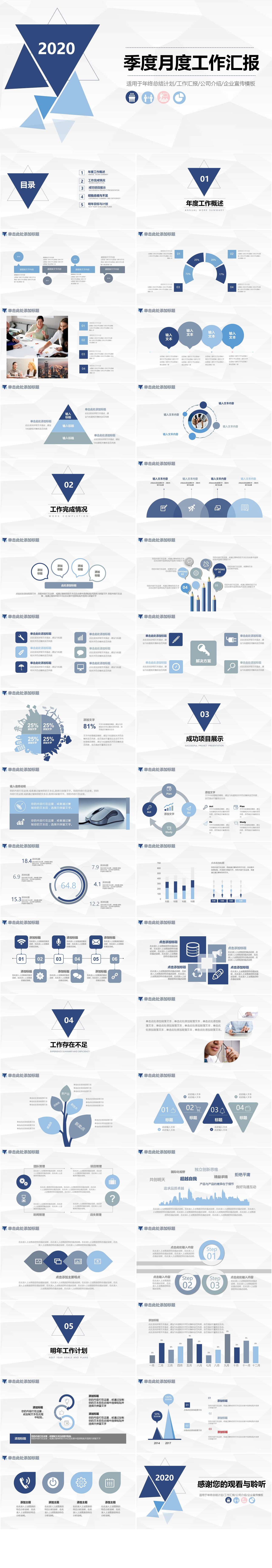 2020简约蓝色商务季度月度工作汇报PPT模板