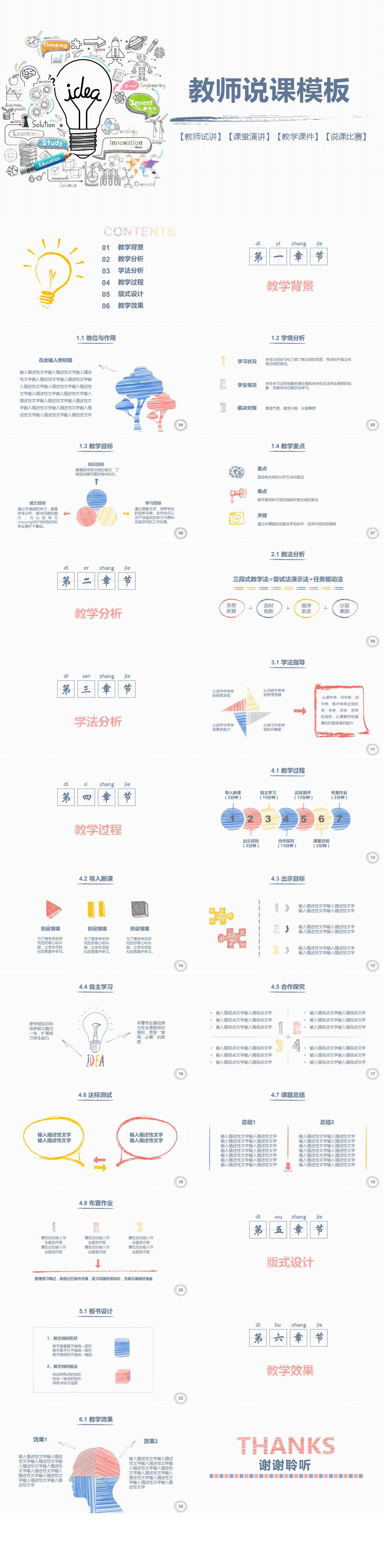 创意灯泡手绘教师说课PPT模板